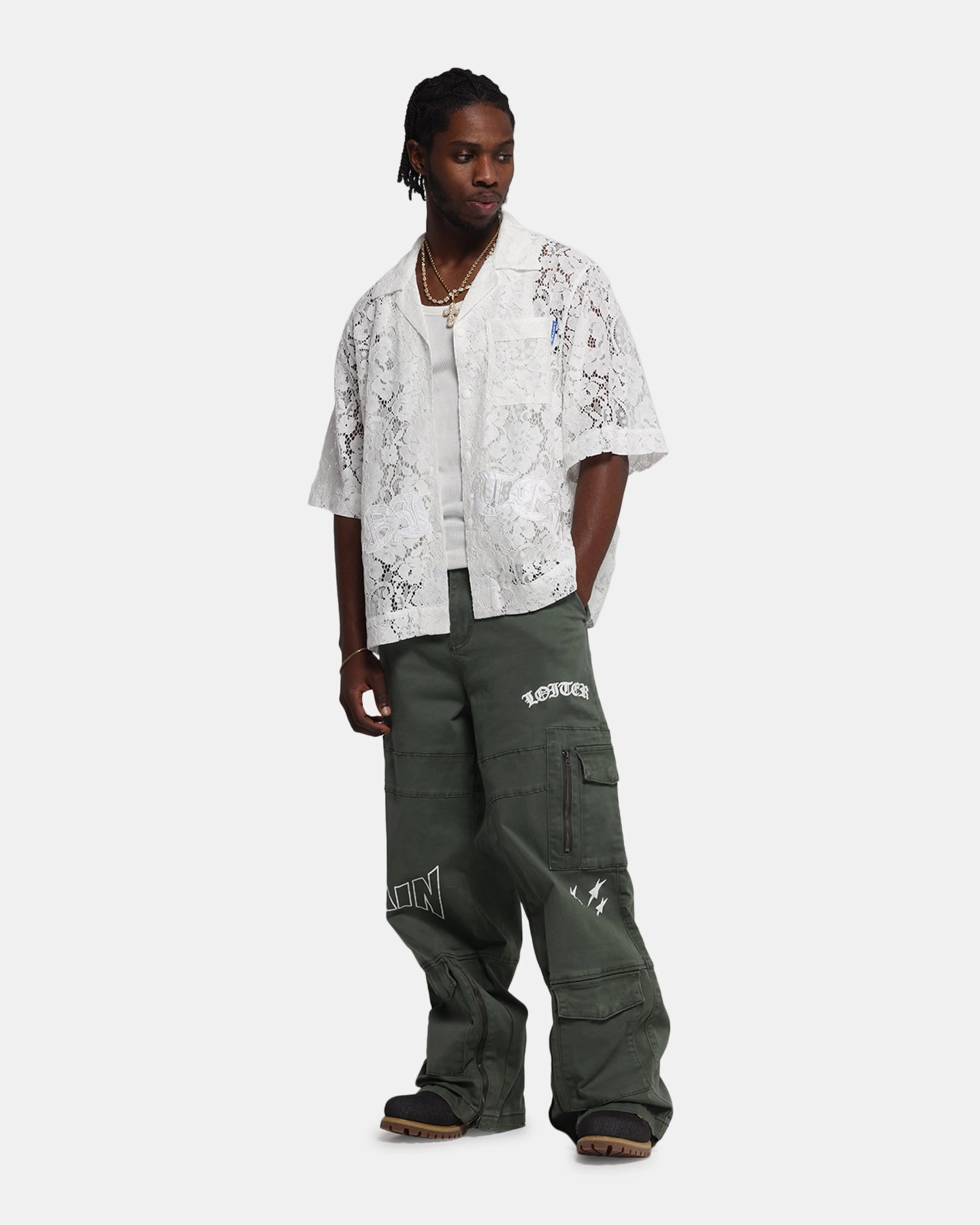 Moisture Wicking Material Loiter Lace Button Up Shirt Cream