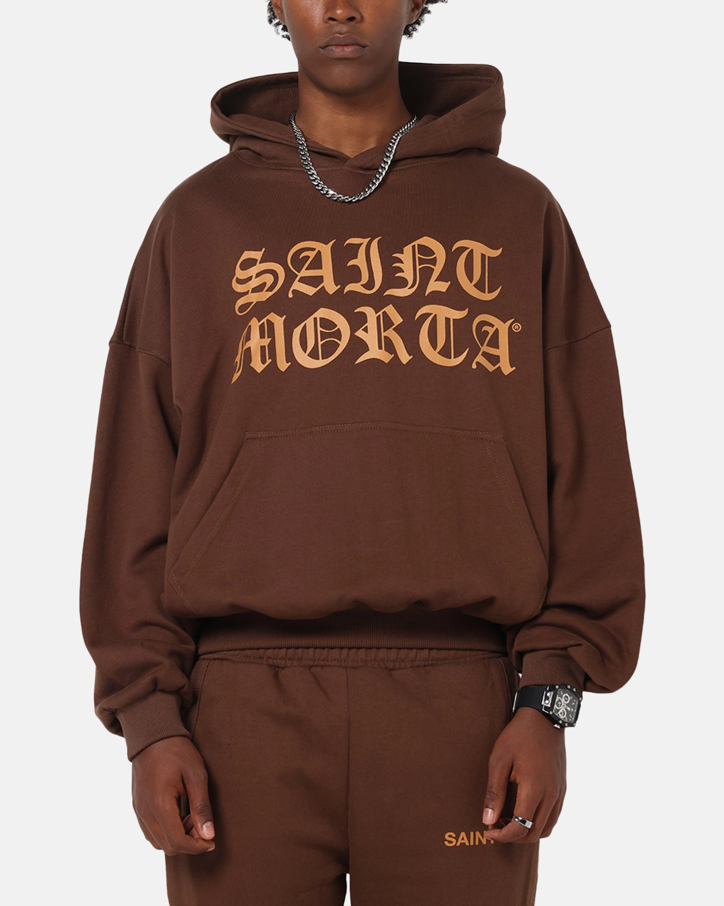 Saint Morta Sacred Script Hoodie Brown Modern Silhouette volleyball outfit