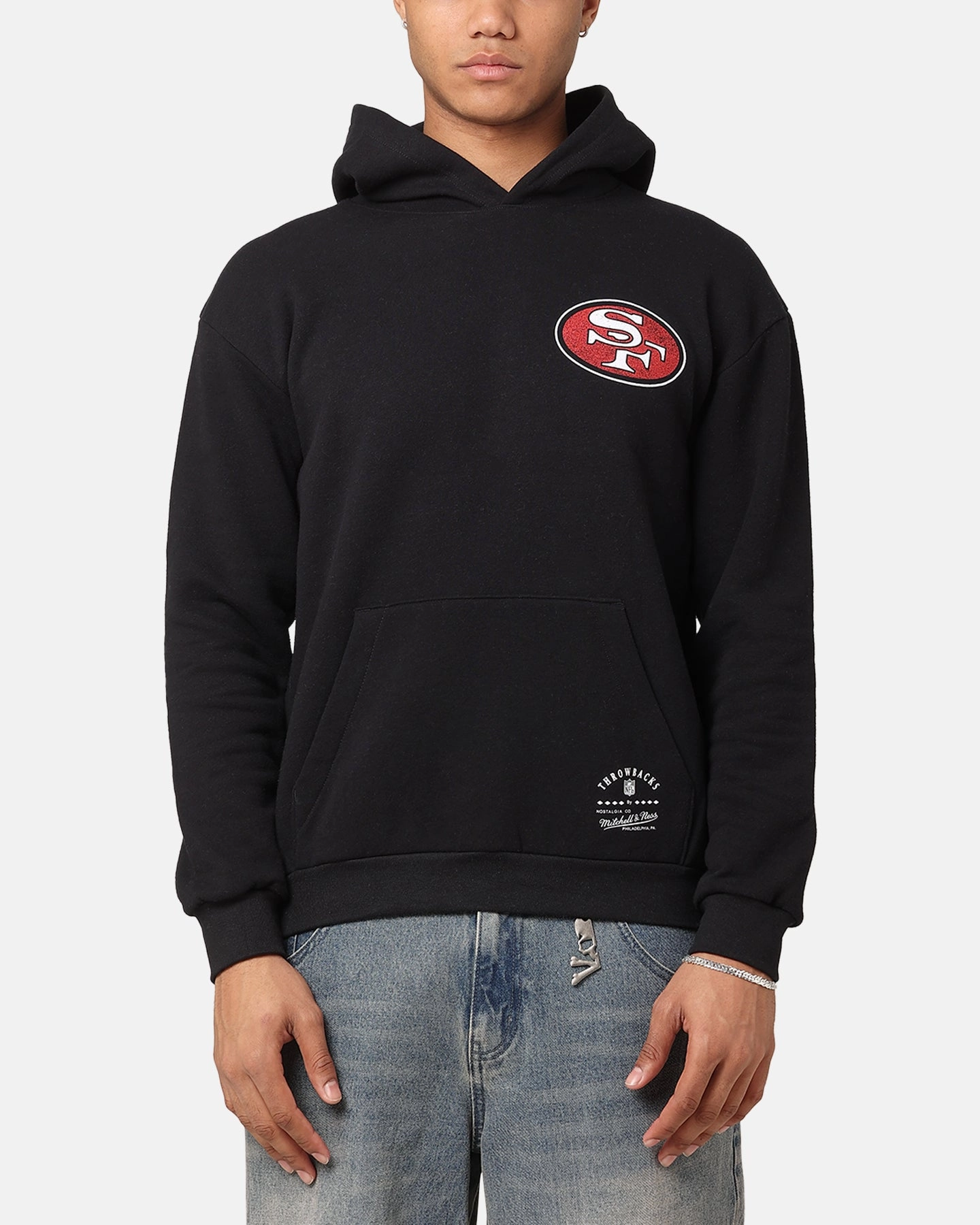 Mitchell & Ness San Francisco 49ers Flames Hoodie Faded Black Button front Customer Favorite