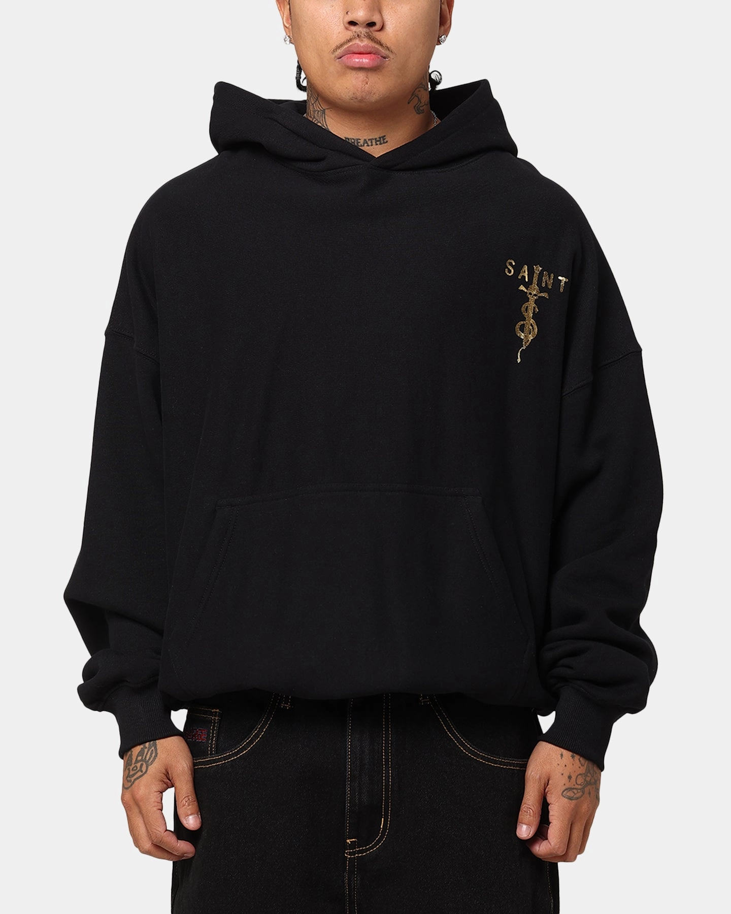 Layered Hood Design Garment Wash Saint Morta Daggers Premium Hoodie Black/Gold