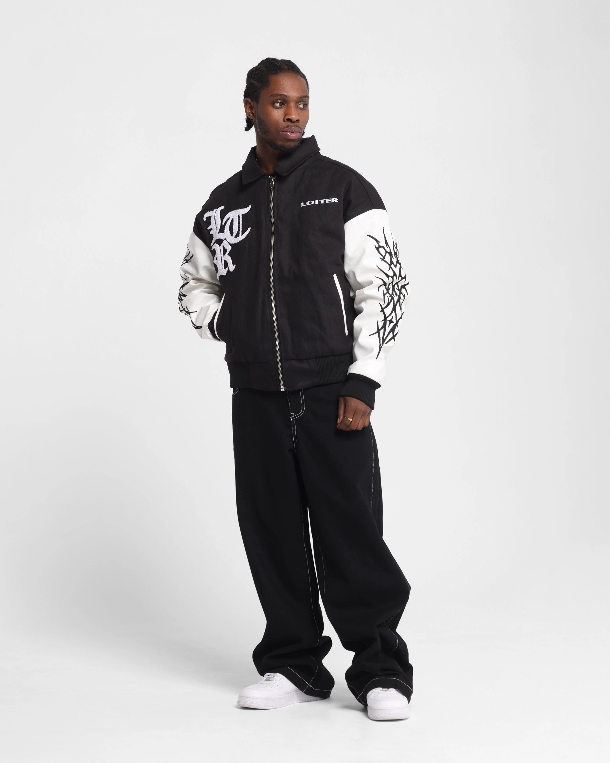 Cozy Lining Loiter Cyber Varsity Jacket Black/White