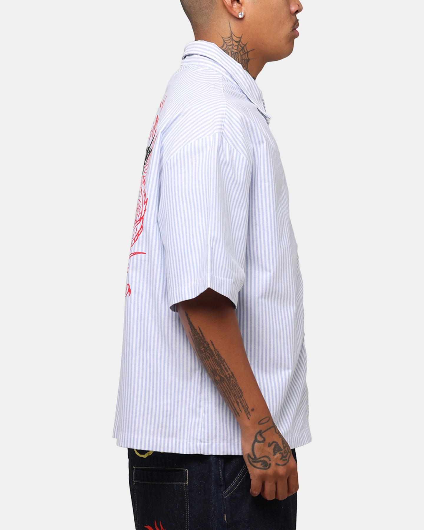 Ed Hardy Dragon Zip Shirt Blue Pin Stripe Loose Comfort Printed design