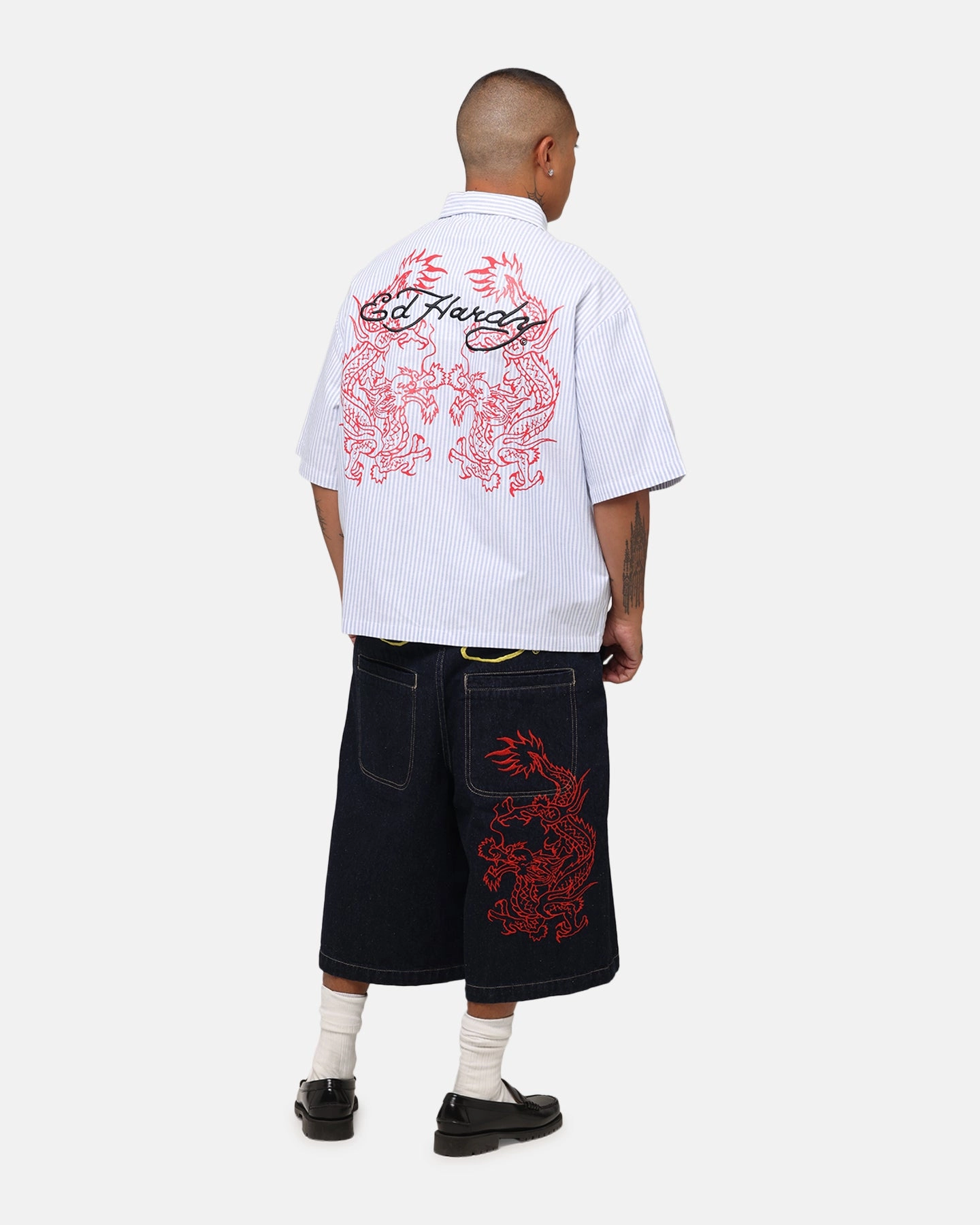 Reinforced Side Vents Ed Hardy Dragon Zip Shirt Blue Pin Stripe