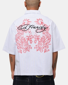 Ed Hardy Dragon Zip Shirt Blue Pin Stripe Organic Cotton Striped Pattern