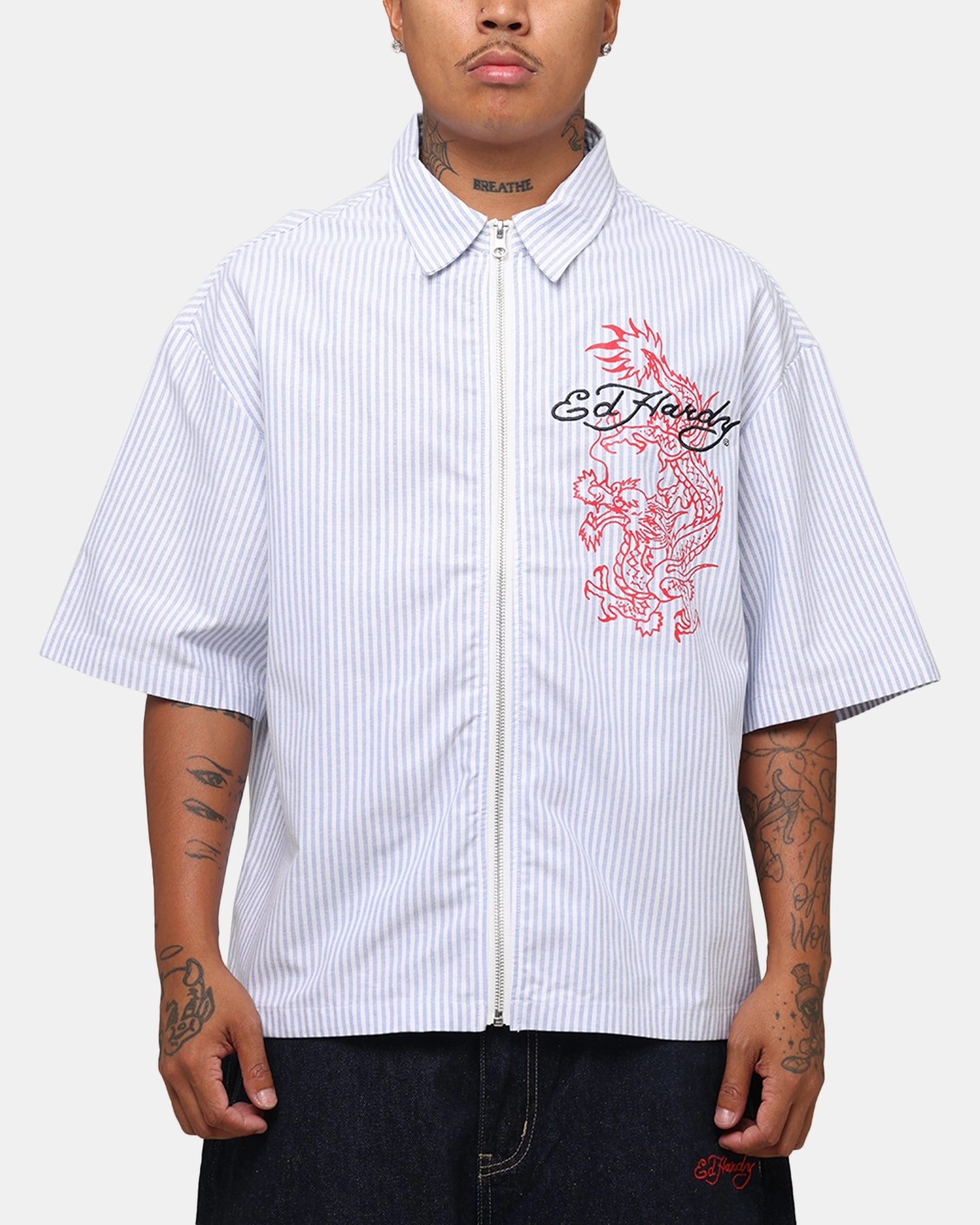 Ed Hardy Dragon Zip Shirt Blue Pin Stripe Snag Free Surface