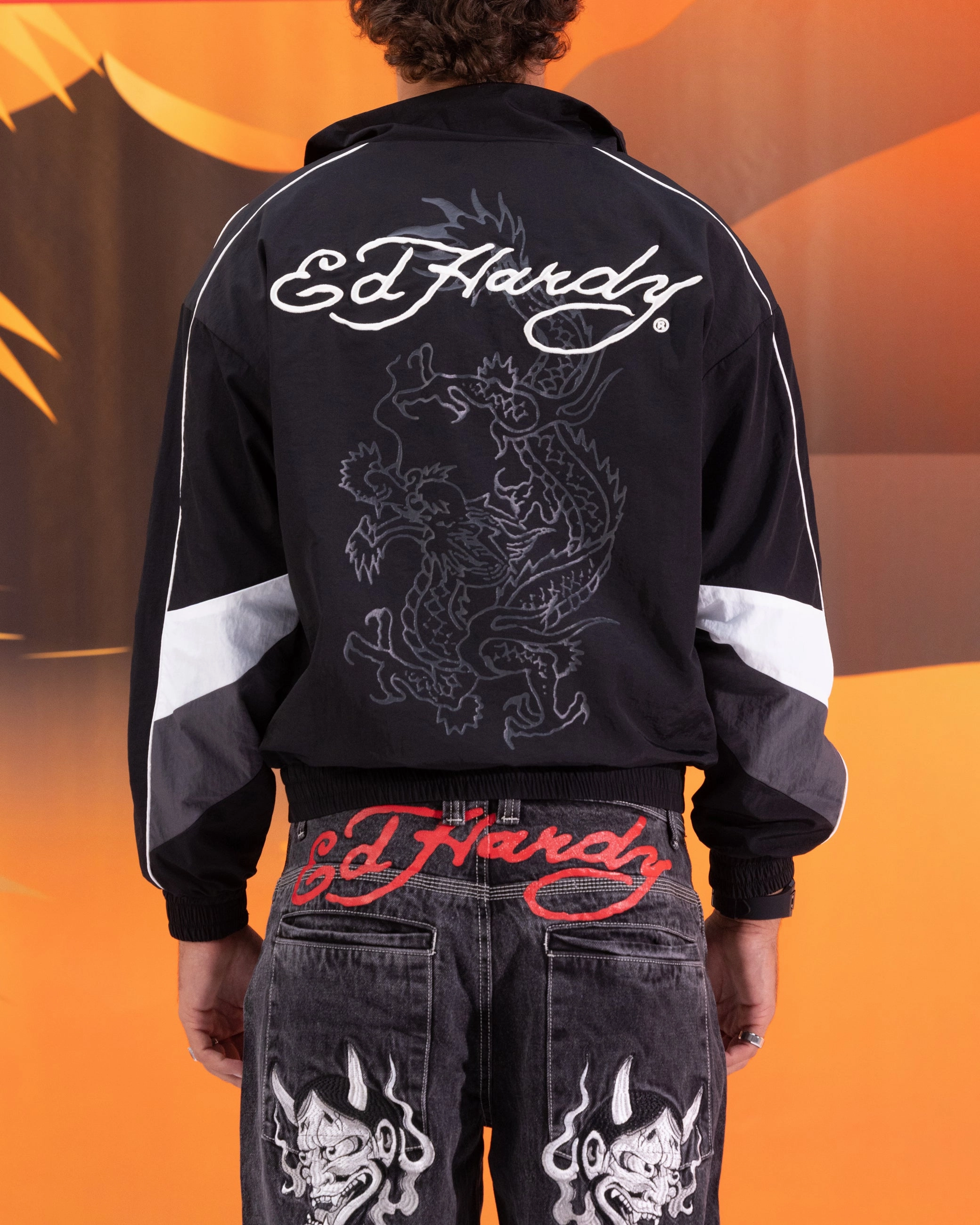 Ed Hardy Dragon Track Jacket Black Hexagonal Quilted Pattern exploration