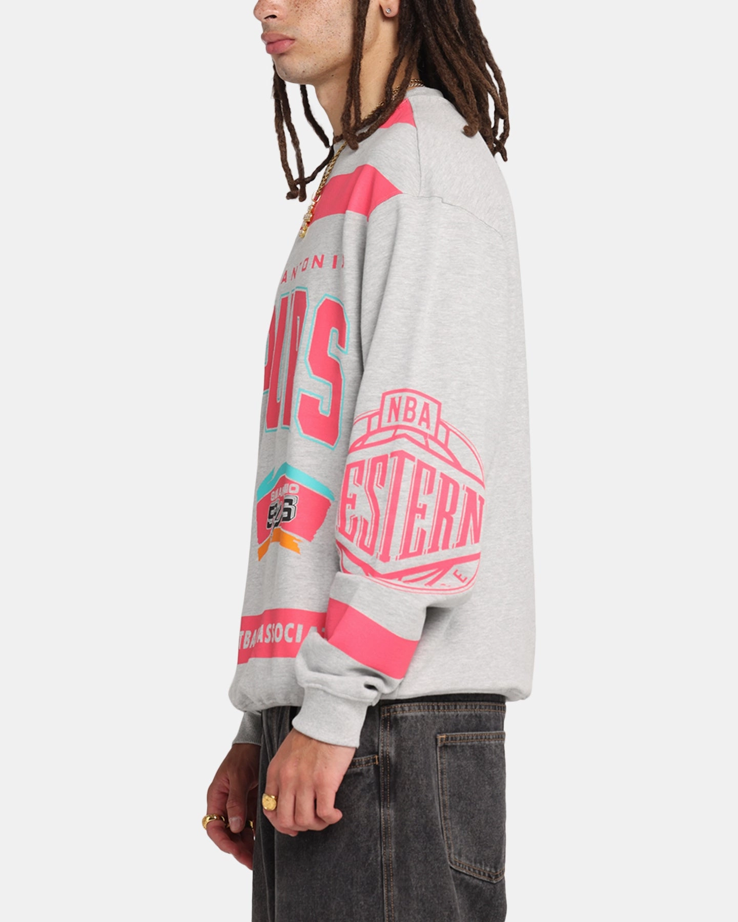 Mitchell & Ness San Antonio Spurs Letterform Crewneck Grey Marle Multi Panel Construction