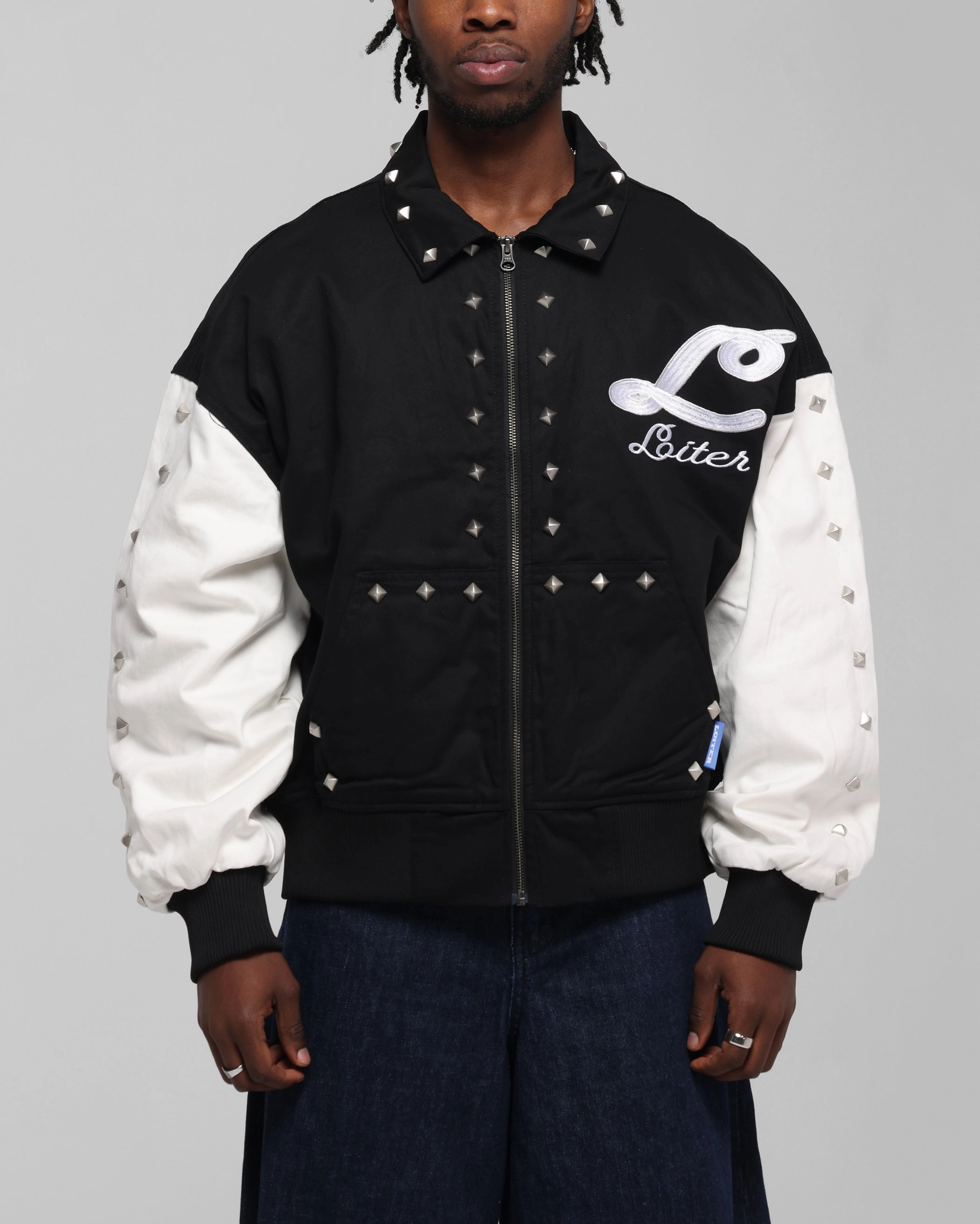 Dirt Repellent Surface Hear Loiter Frontier Varsity Jacket Black/Off White