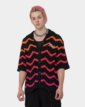 Shimmer Effect Fitted Cut Loiter Breeze Knit Button-Up Shirt Black