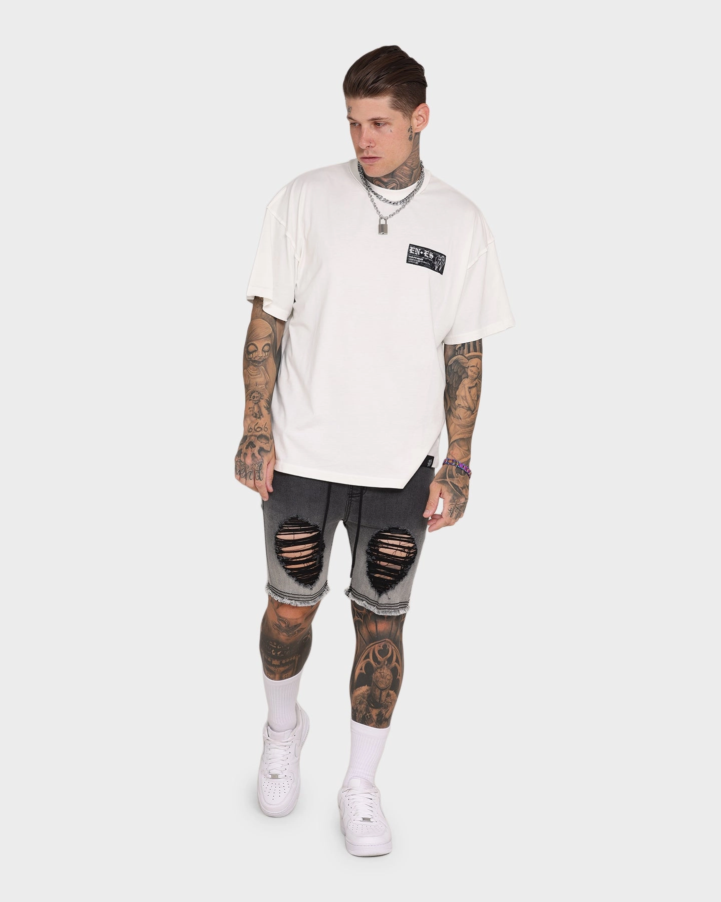 EN ES Gunner Skinny Ripped Shorts Gradient Black earthy shades StretchWaistband