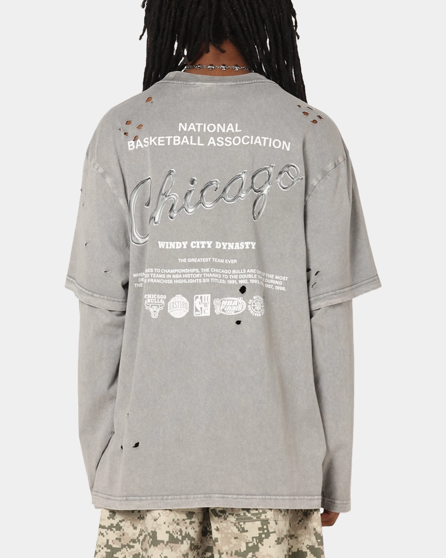 Mitchell & Ness Chicago Bulls Chromed Mock Long Sleeve T-Shirt Gunmental Grey Minimal Fashion Stretchable Armholes