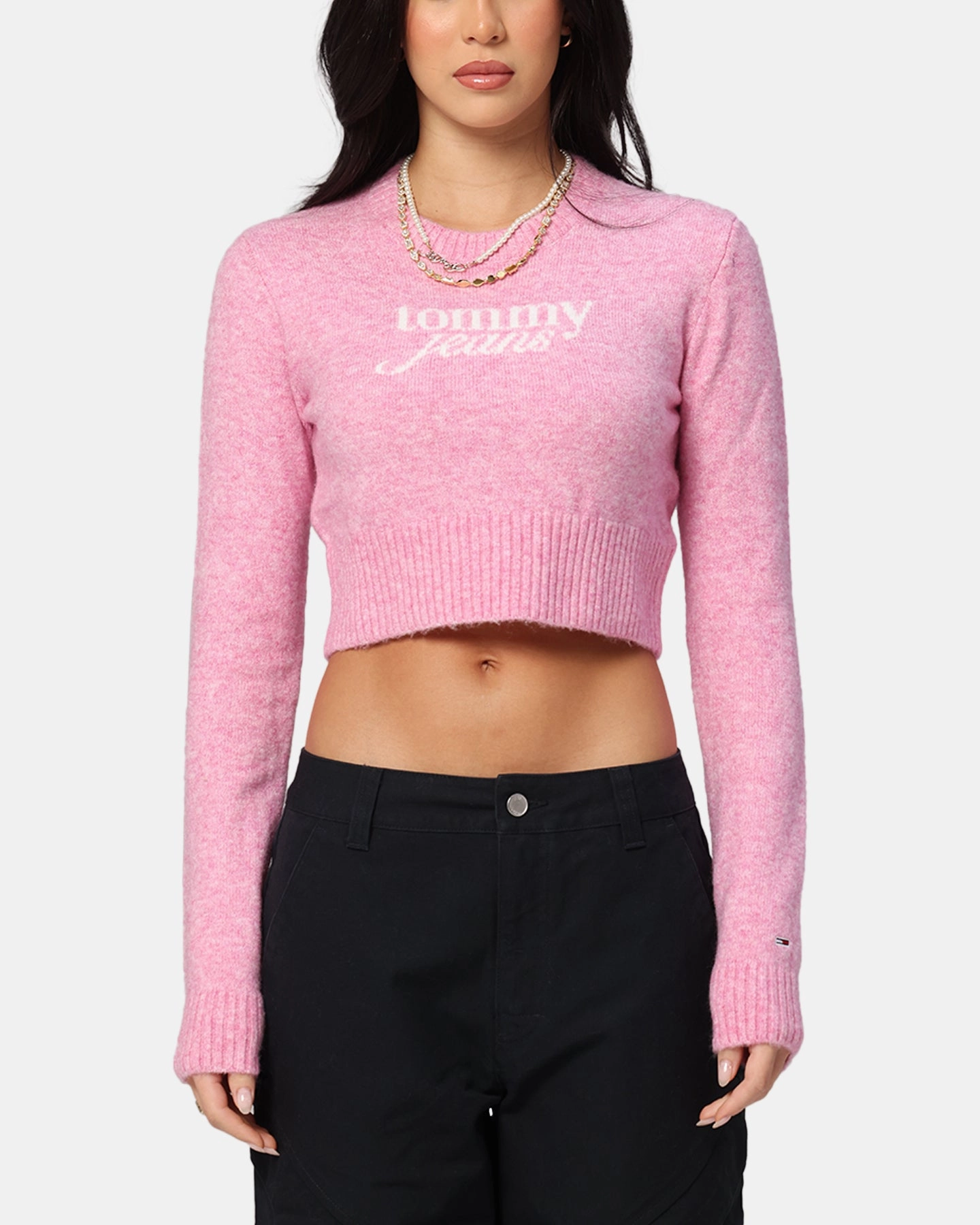 Comfy Feel Tommy Jeans Women's Crop Script Sweater Pink