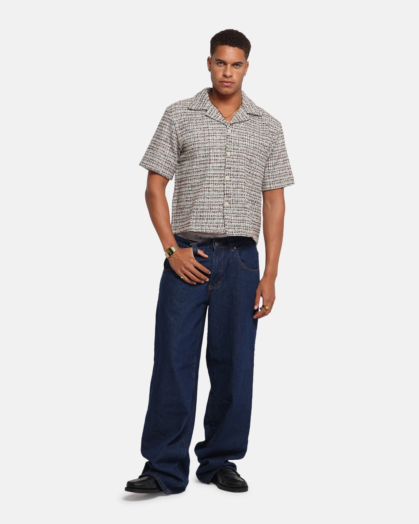 Handcrafted Detail Double Stitched Hems XXIII Boucle Tweed Crop Button Up Shirt Cream/Brown