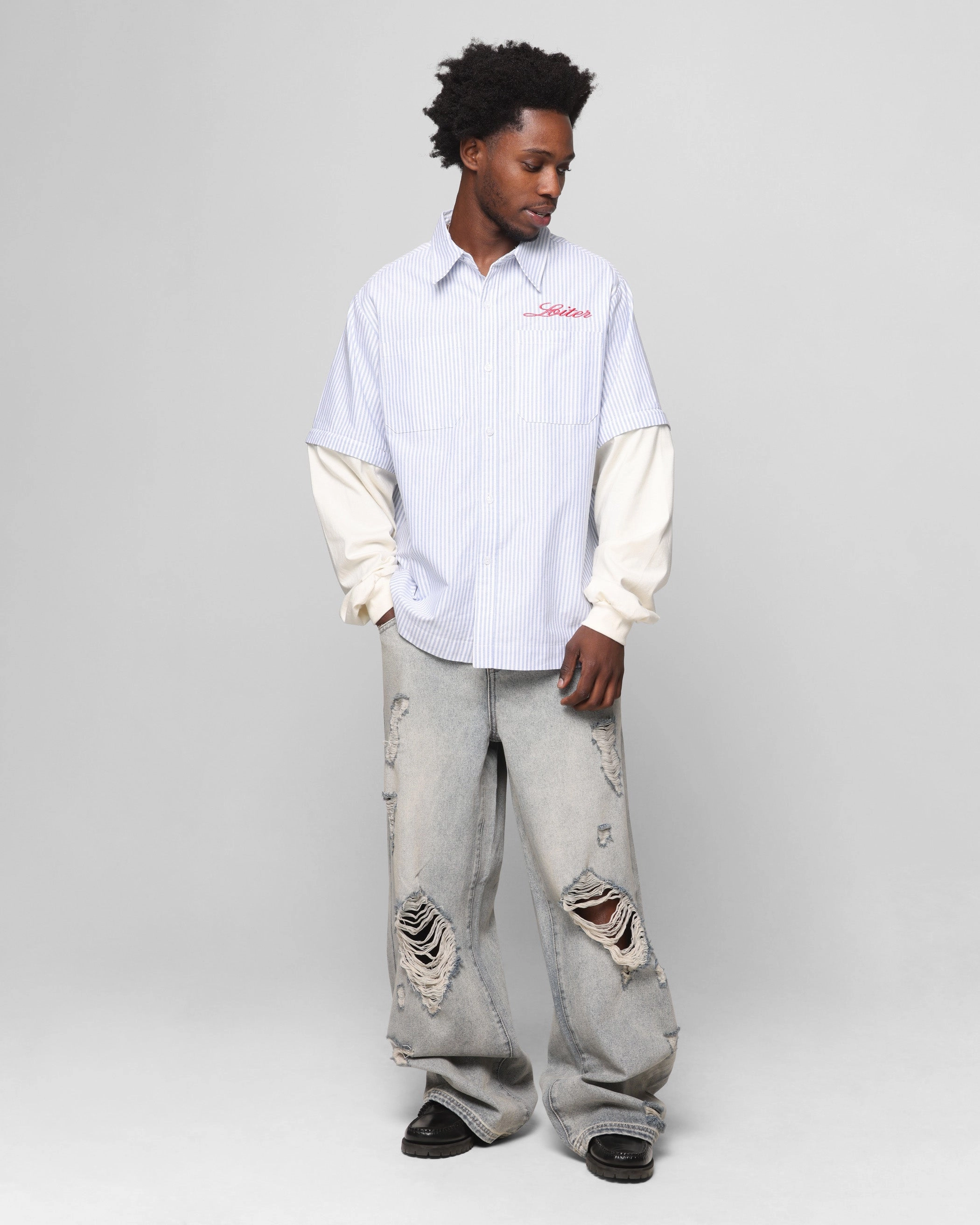 Loiter Art Studio Work Shirt Blue Stripe Ergonomic Back Panel Corporate Wear