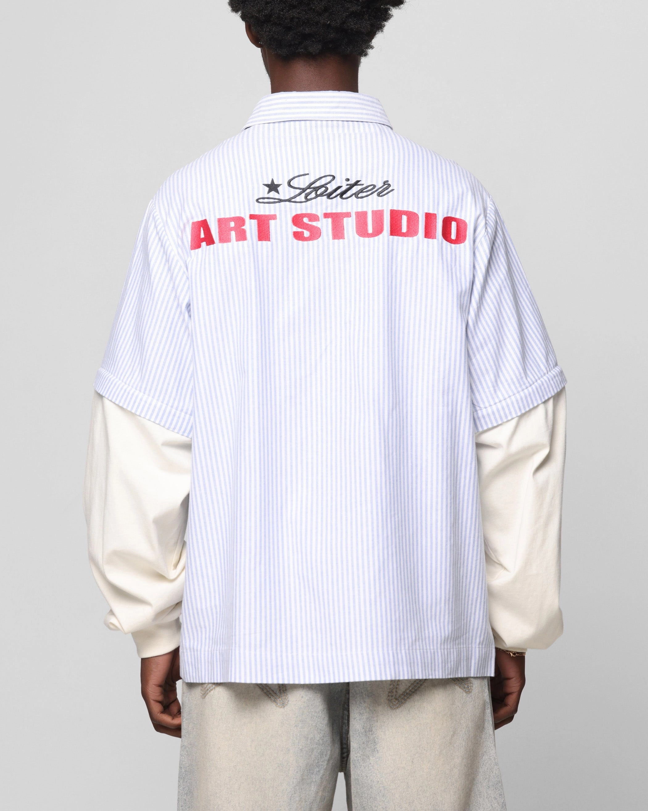 Raw edge Loiter Art Studio Work Shirt Blue Stripe