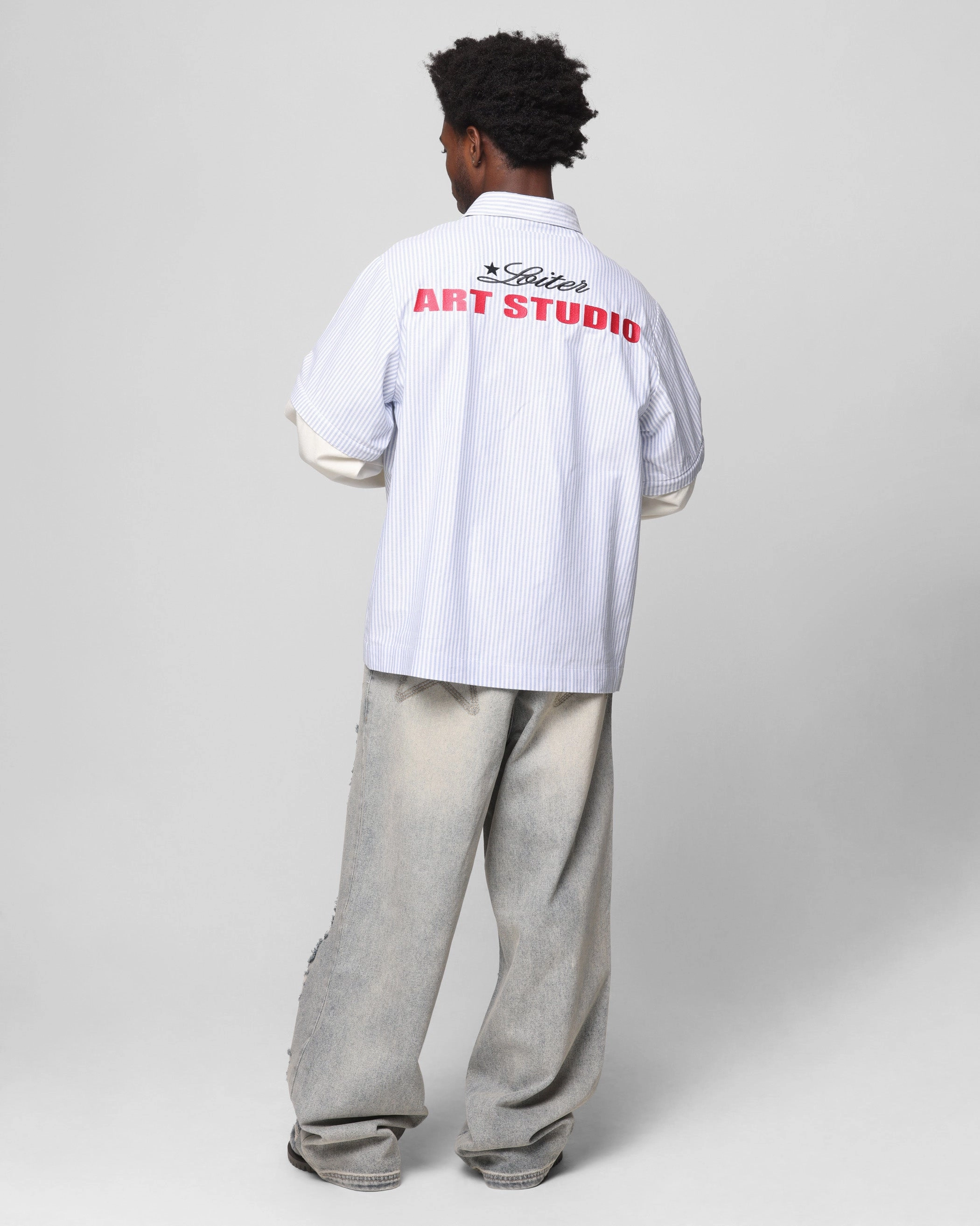 Loiter Art Studio Work Shirt Blue Stripe Multi Layer Stitching Distressed finish