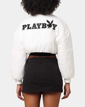 Weightless Construction NonBulkyFit Playboy Bunny O Cropped Puffer Jacket White