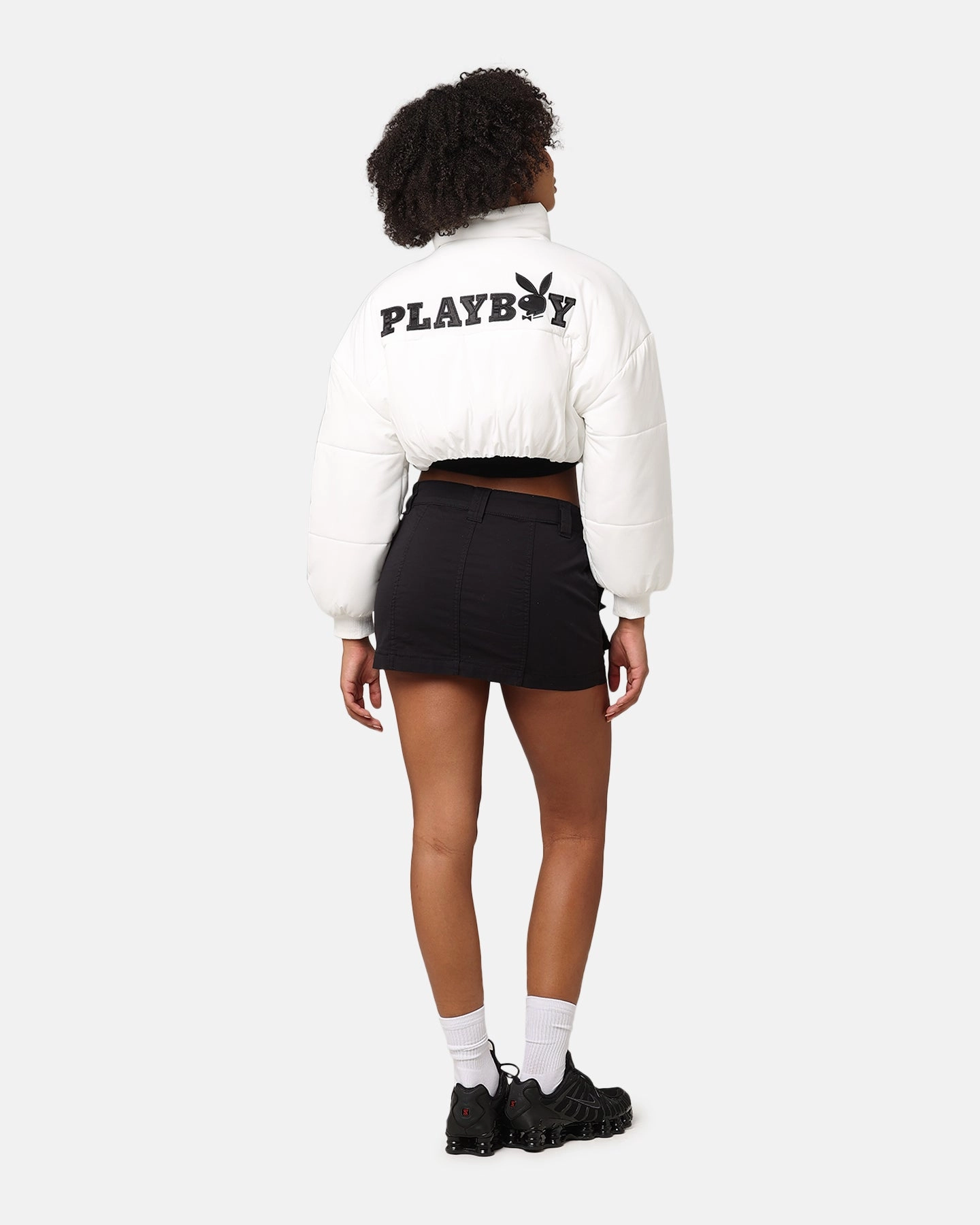 Unique WeightDispersing Padding Playboy Bunny O Cropped Puffer Jacket White