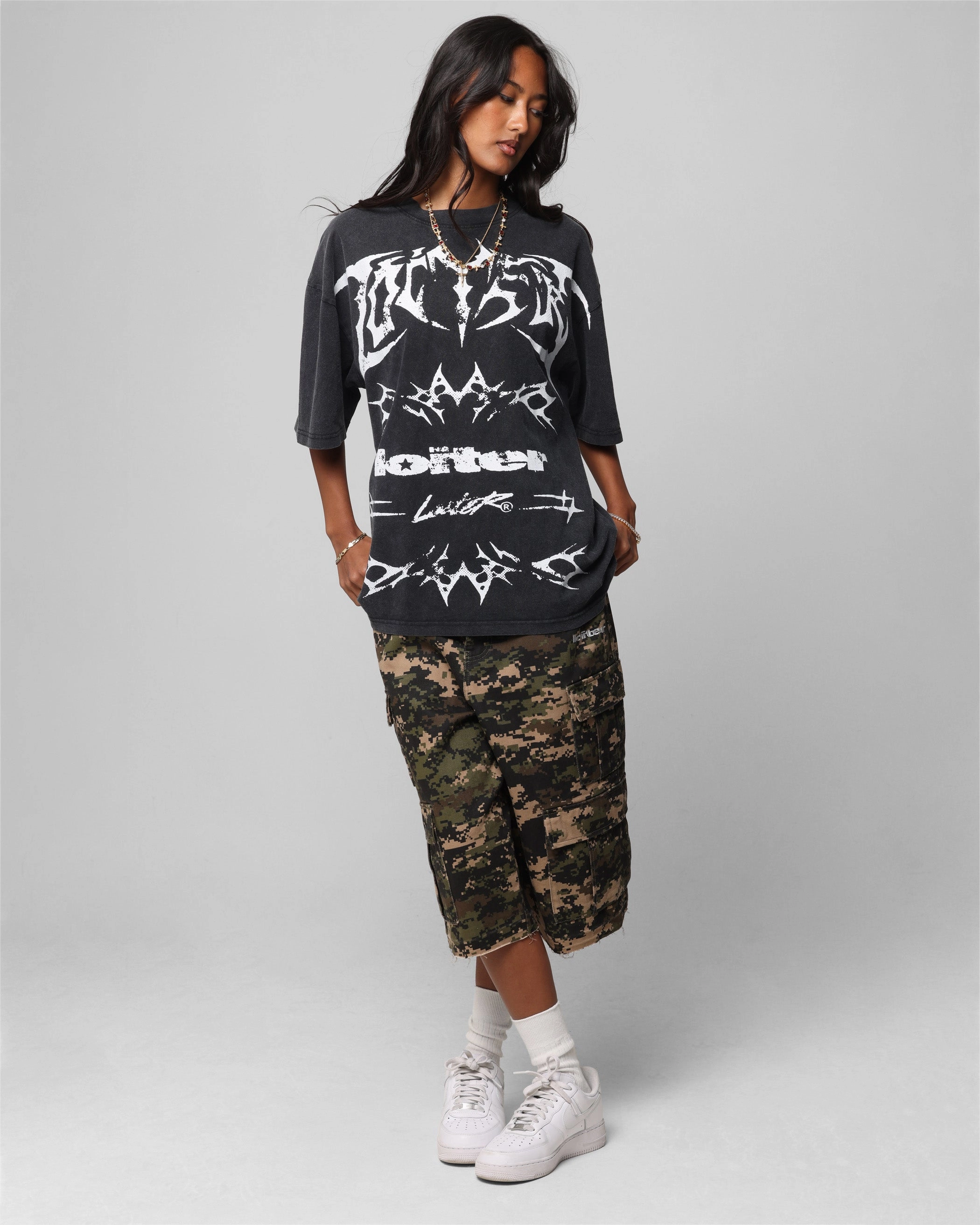 Sublimation Printed Collar Classic Crew Neck Loiter Metal Stacked Vintage T-Shirt Vintage Black