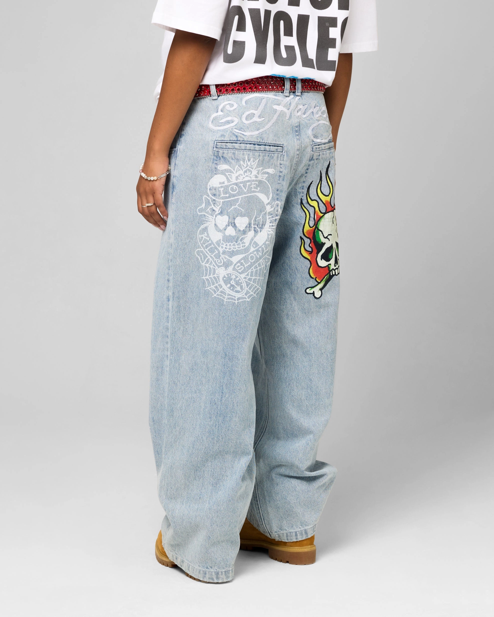 Ed Hardy Wide Leg Skull Jeans Light Blue Fashion Essential