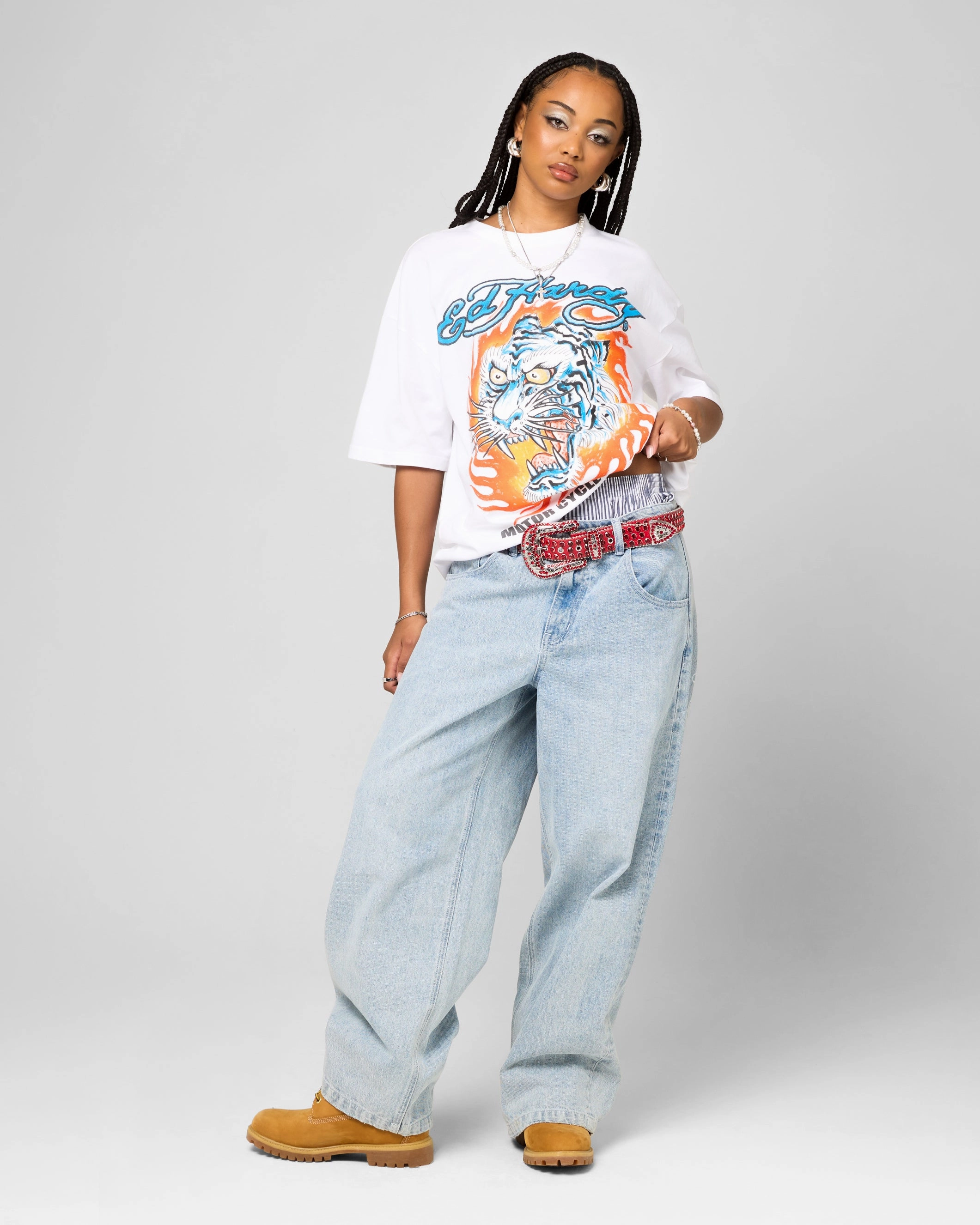 Ed Hardy Wide Leg Skull Jeans Light Blue Neutral Daily Wear Cool Classic