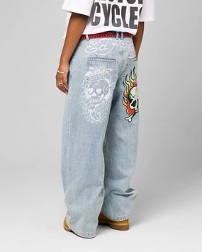 Ed Hardy Wide Leg Skull Jeans Light Blue Fashion Essential