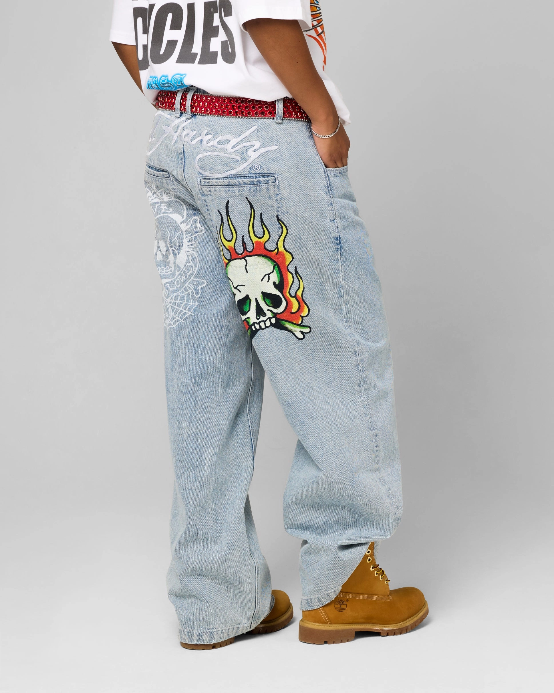Textured Versatile Shopping Day Autumn Days Outdoor Enthusiast Streetwear Fan Ed Hardy Wide Leg Skull Jeans Light Blue