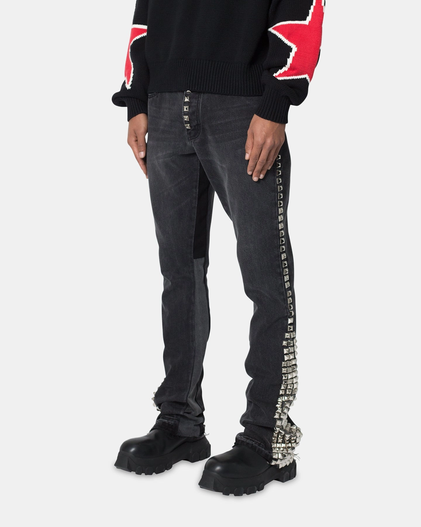 Spring Attire MNML B572 Studded Flare Denim Jeans Black