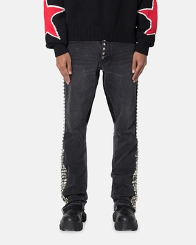 Breathable Lining System Soft Sustainable MNML B572 Studded Flare Denim Jeans Black