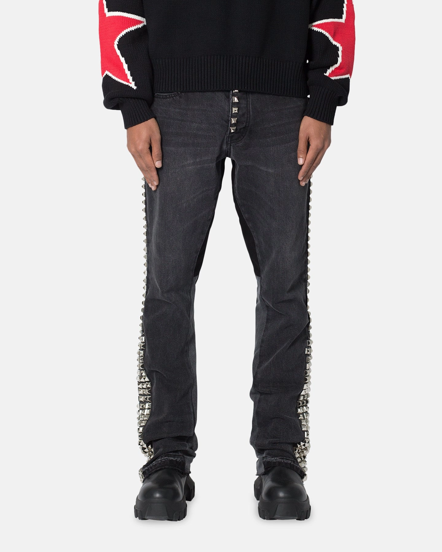 Breathable Lining System Soft Sustainable MNML B572 Studded Flare Denim Jeans Black