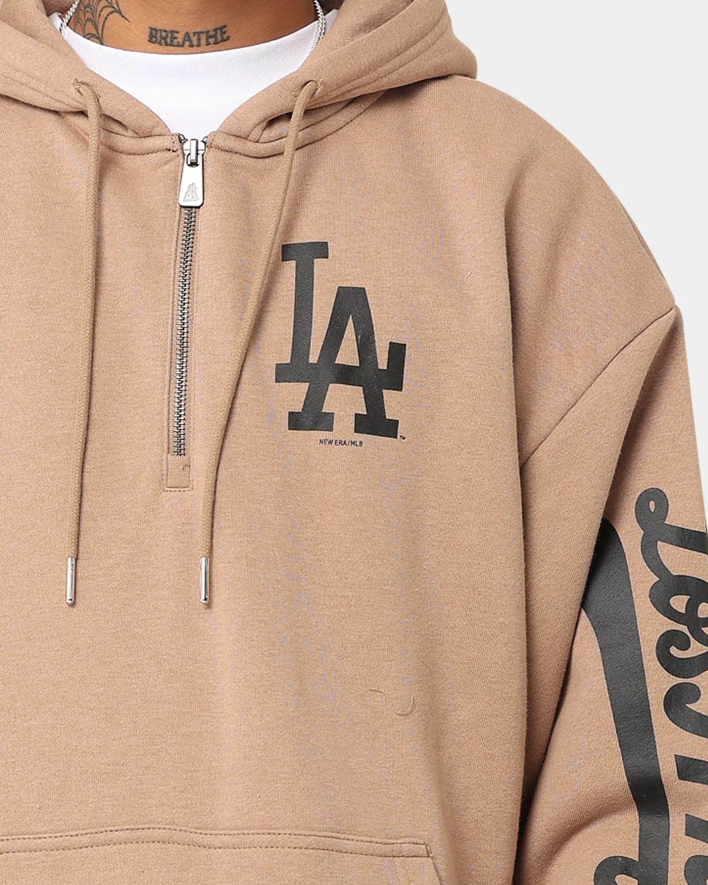 anniversary event New Era Los Angeles Dodgers Quarter Zip Sleeve Script Hoodie Khaki/Black