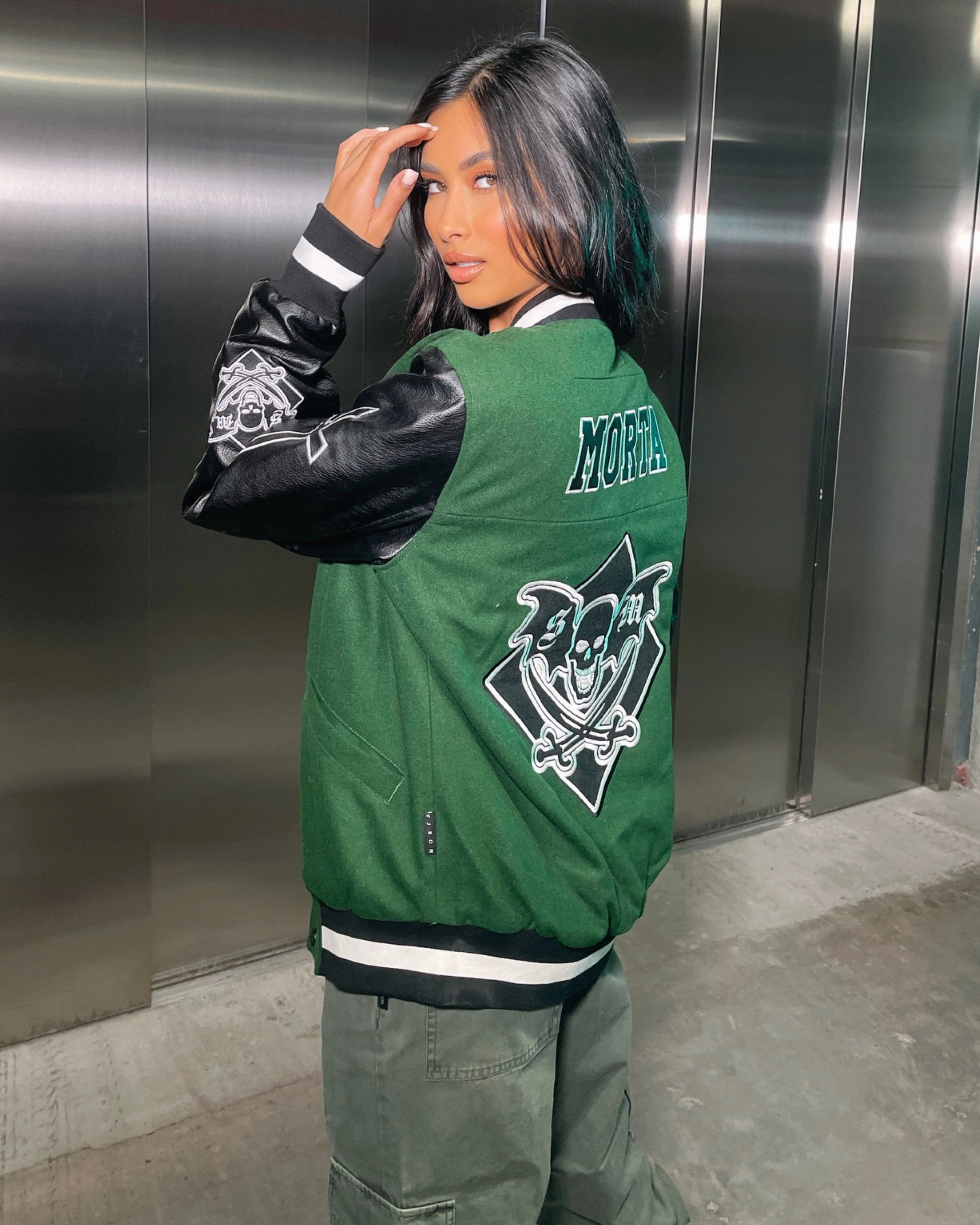 Stretch Knit Fabric cyclist Saint Morta Graveyard Varsity Jacket Dark Green/Black