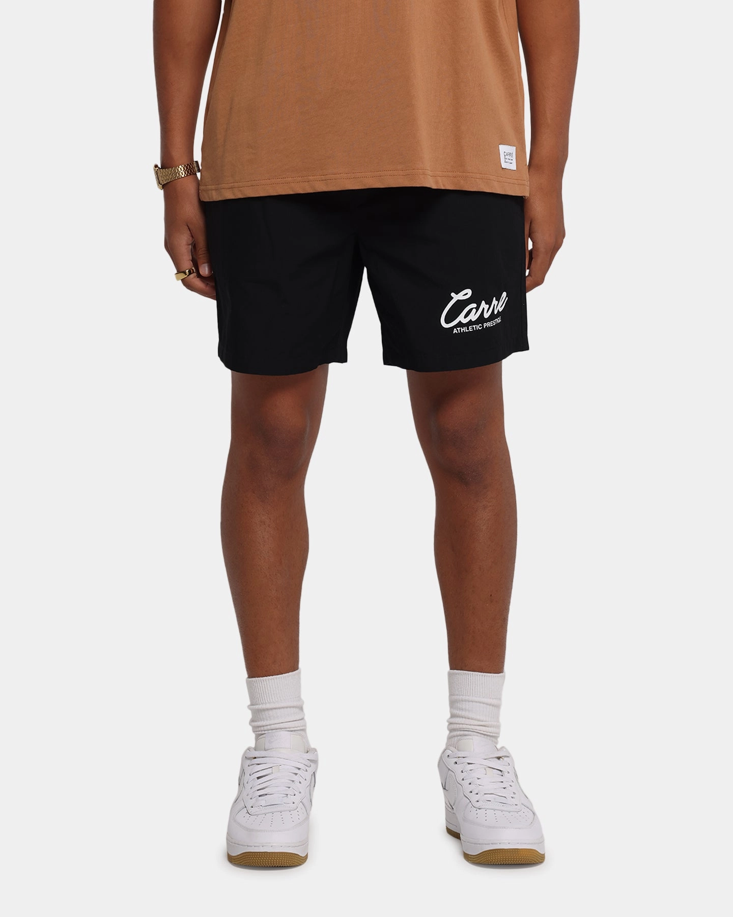 Carre Prestige Script Beach Shorts Black Dynamic Tension Control khaki shorts