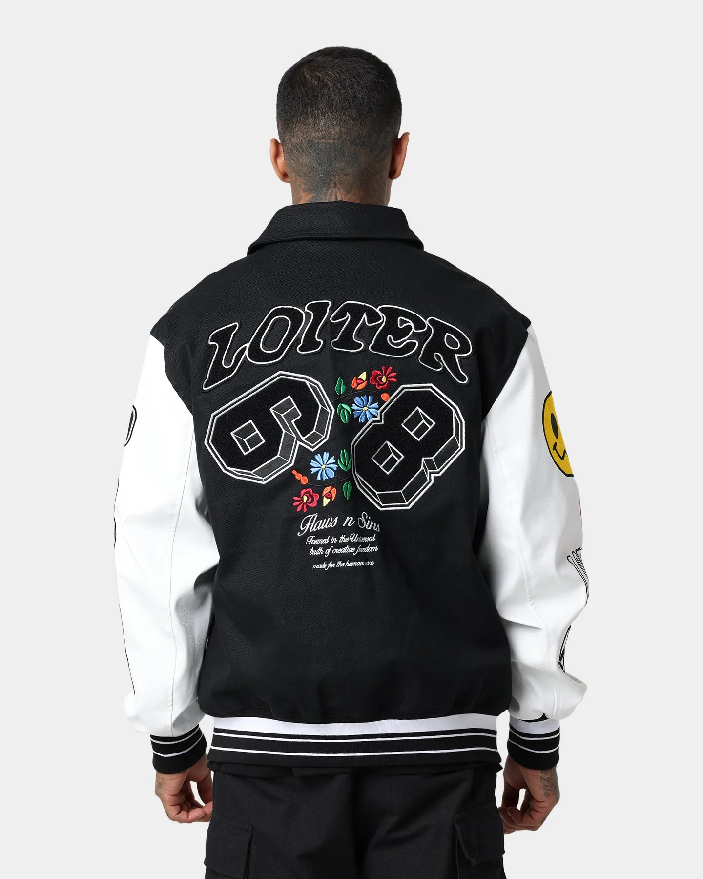 Multi Pocket Style Oversized Loiter Flaws Varsity Jacket Black/White
