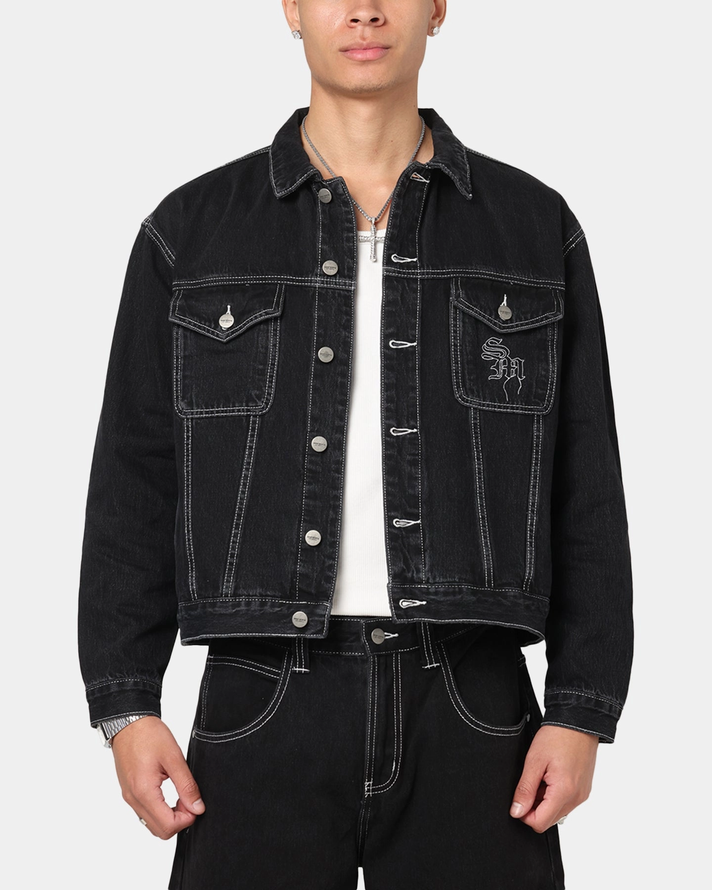 Street Vibe High - end Saint Morta Fray Trucker Denim Jacket Contrast Black