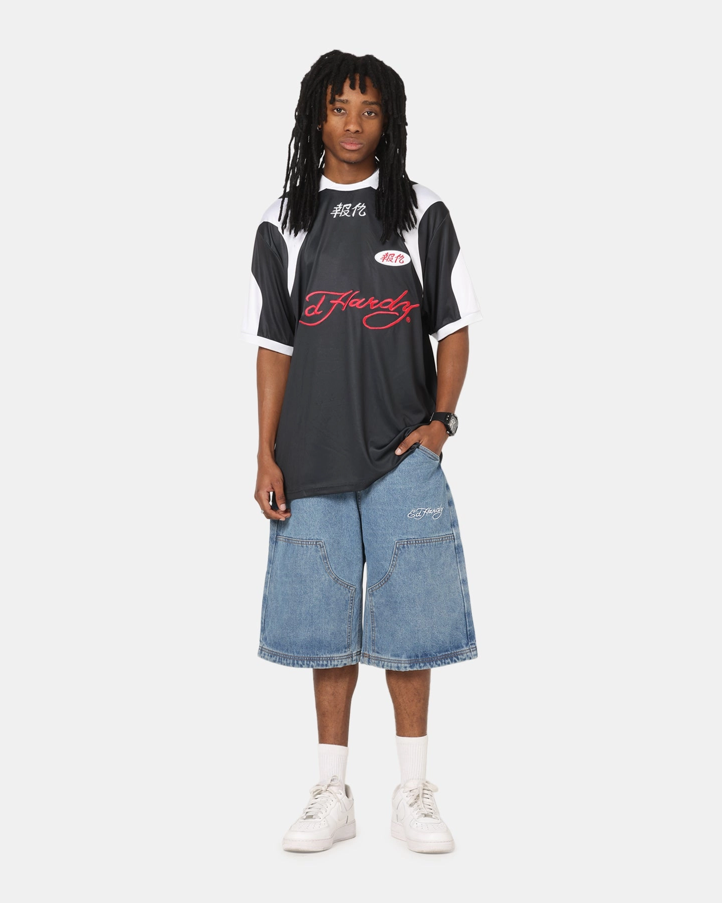 Basic Look NonSlipInnerGrip Ed Hardy Dragon Jorts Mid Blue Denim