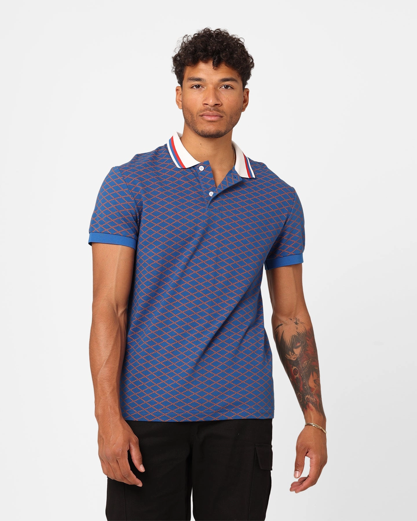 XXIII Printed Polo Shirt Blue/Brown Breathable Underarm Gusset Polo Collar