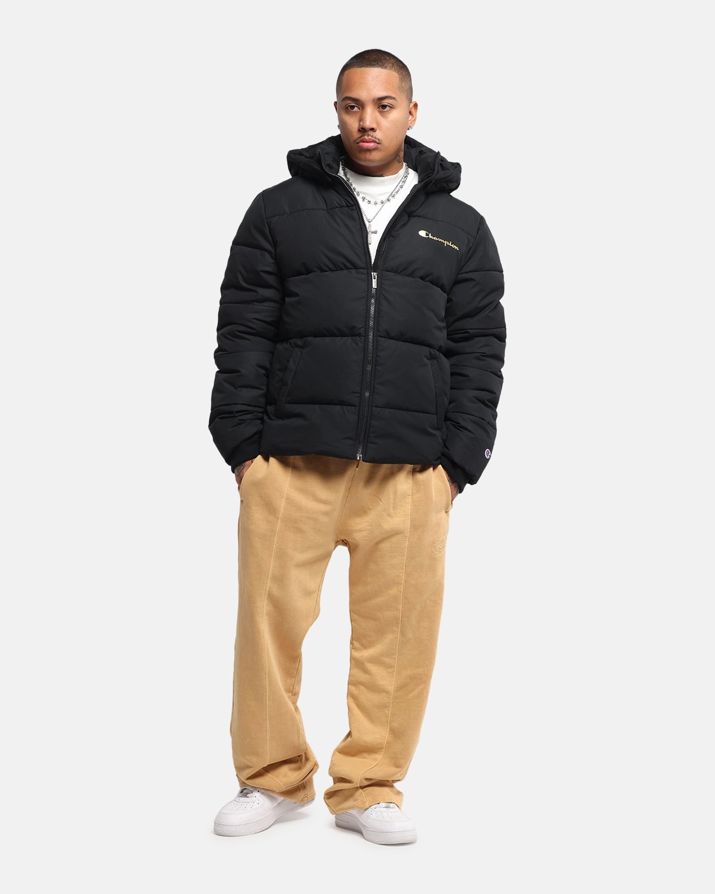 Champion Rochester Puffer Jacket Black/Gold Versatile Layering Piece Quick Dry Technology