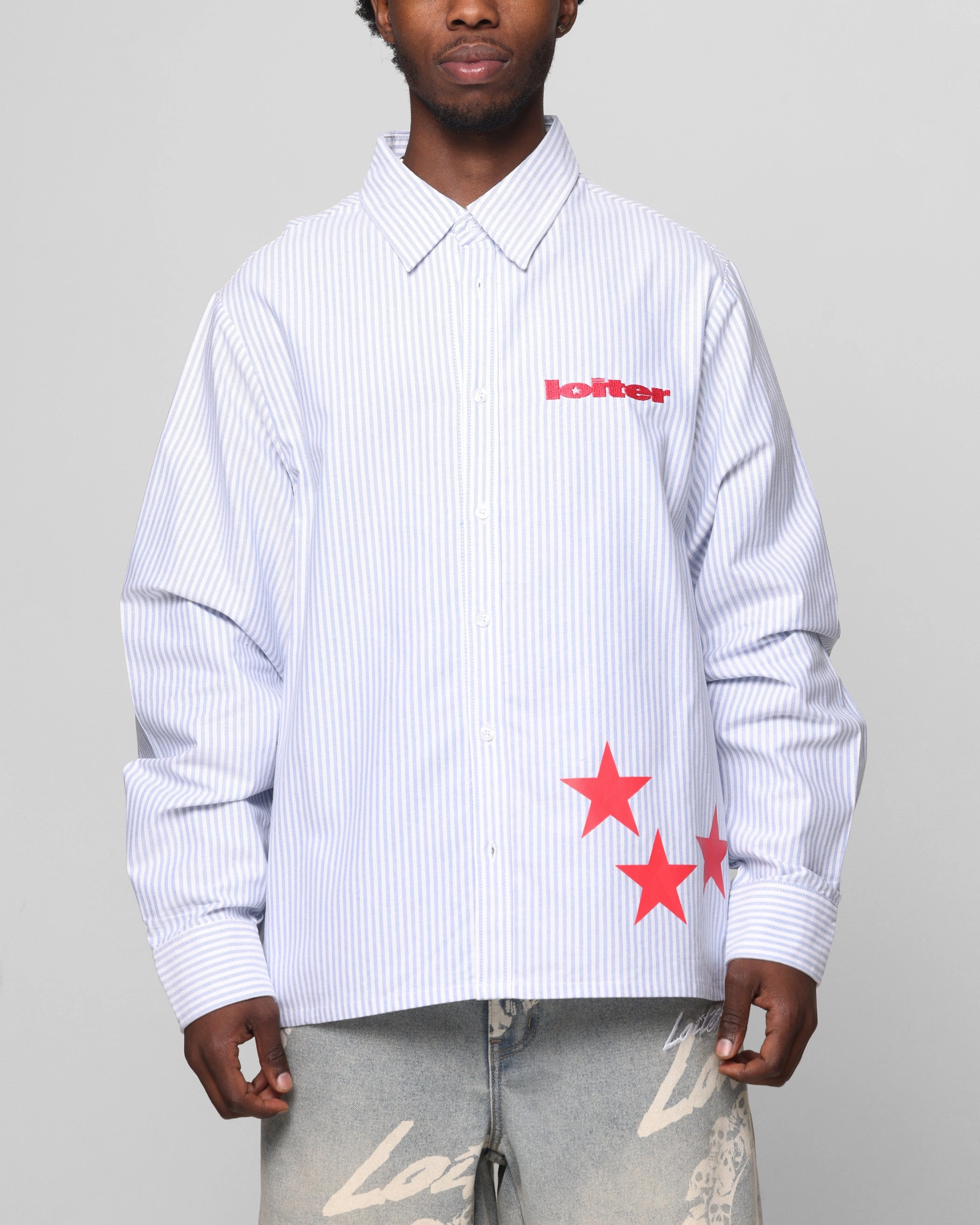 Mountain Escape Loiter Solar Button Up Shirt Blue Pin Stripe