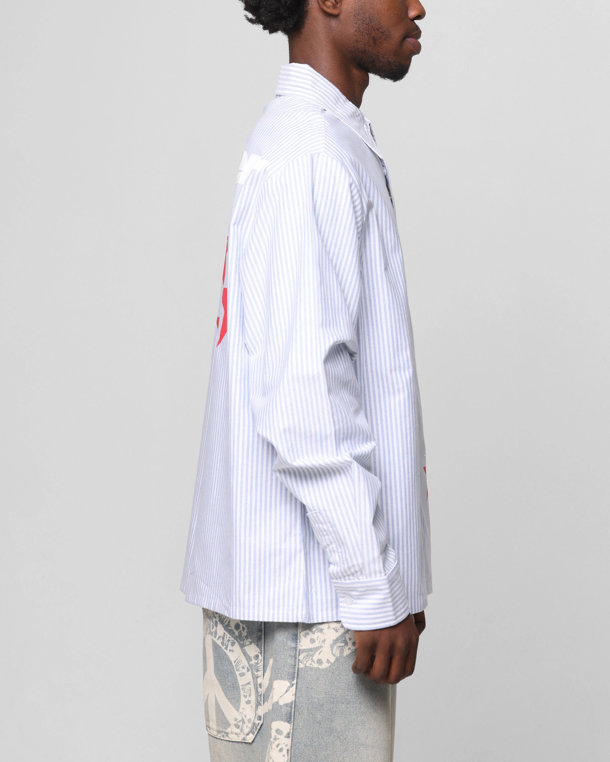 Festive Look Loiter Solar Button Up Shirt Blue Pin Stripe