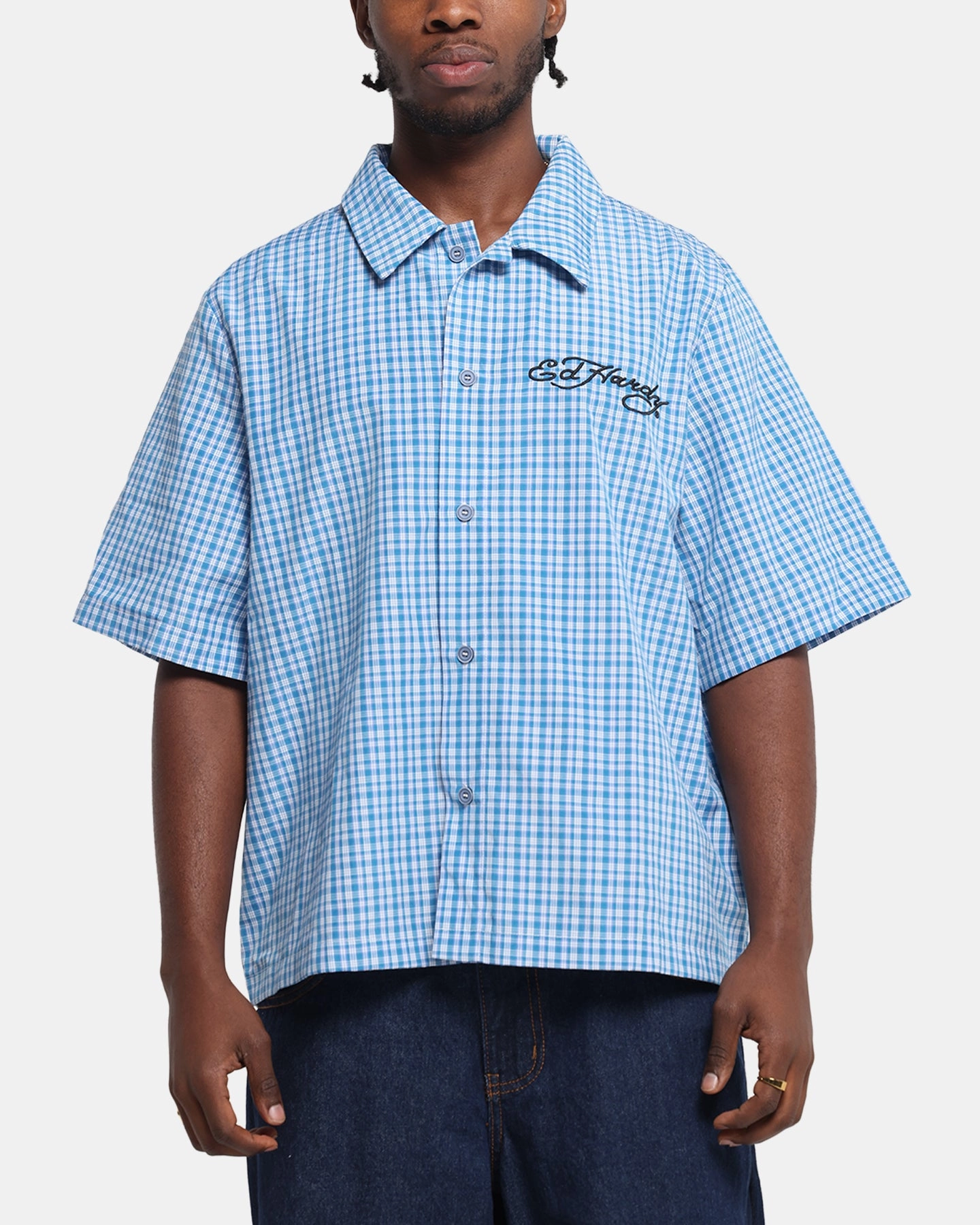 Ed Hardy Panther Button-Up Shirt Blue Geometric Print