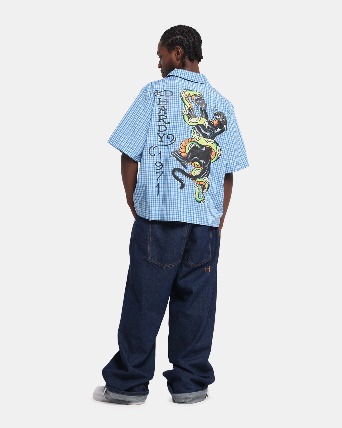 Ed Hardy Panther Button-Up Shirt Blue Matte Finish Non-Iron