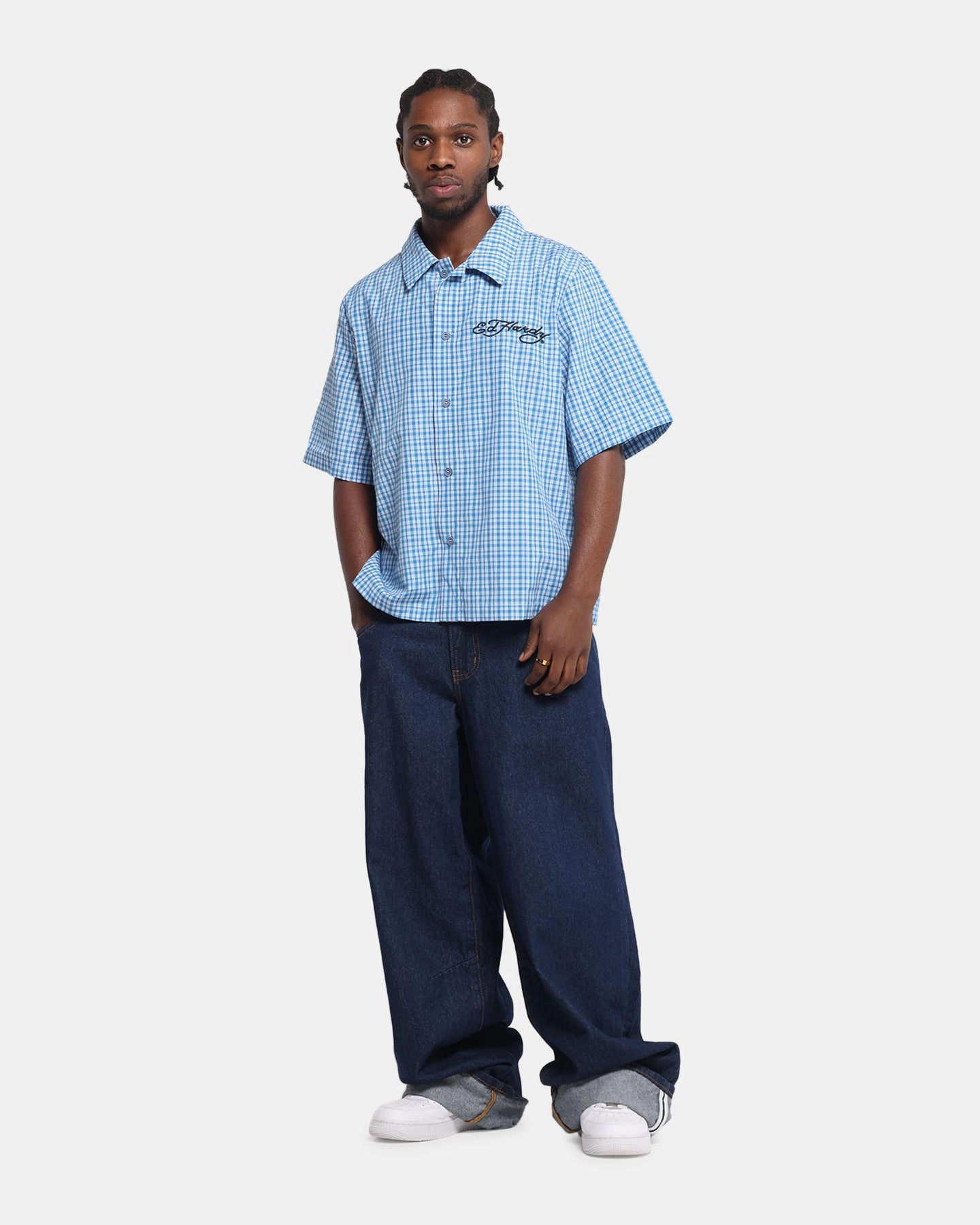 Ed Hardy Panther Button-Up Shirt Blue handmade touch