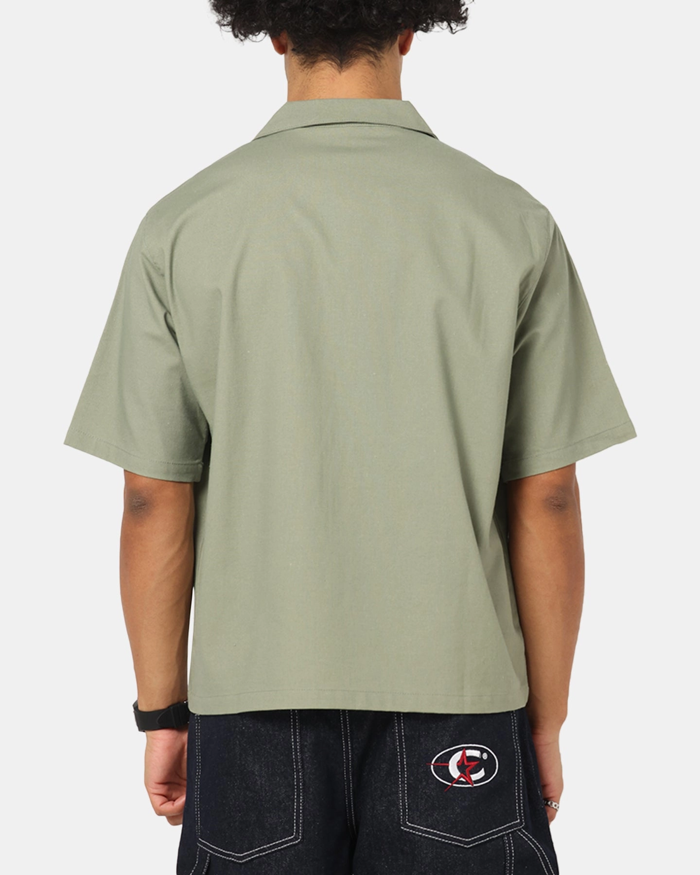 Layered Design Seamless Shoulder Carre Hand Picked Button Up Shirt Green