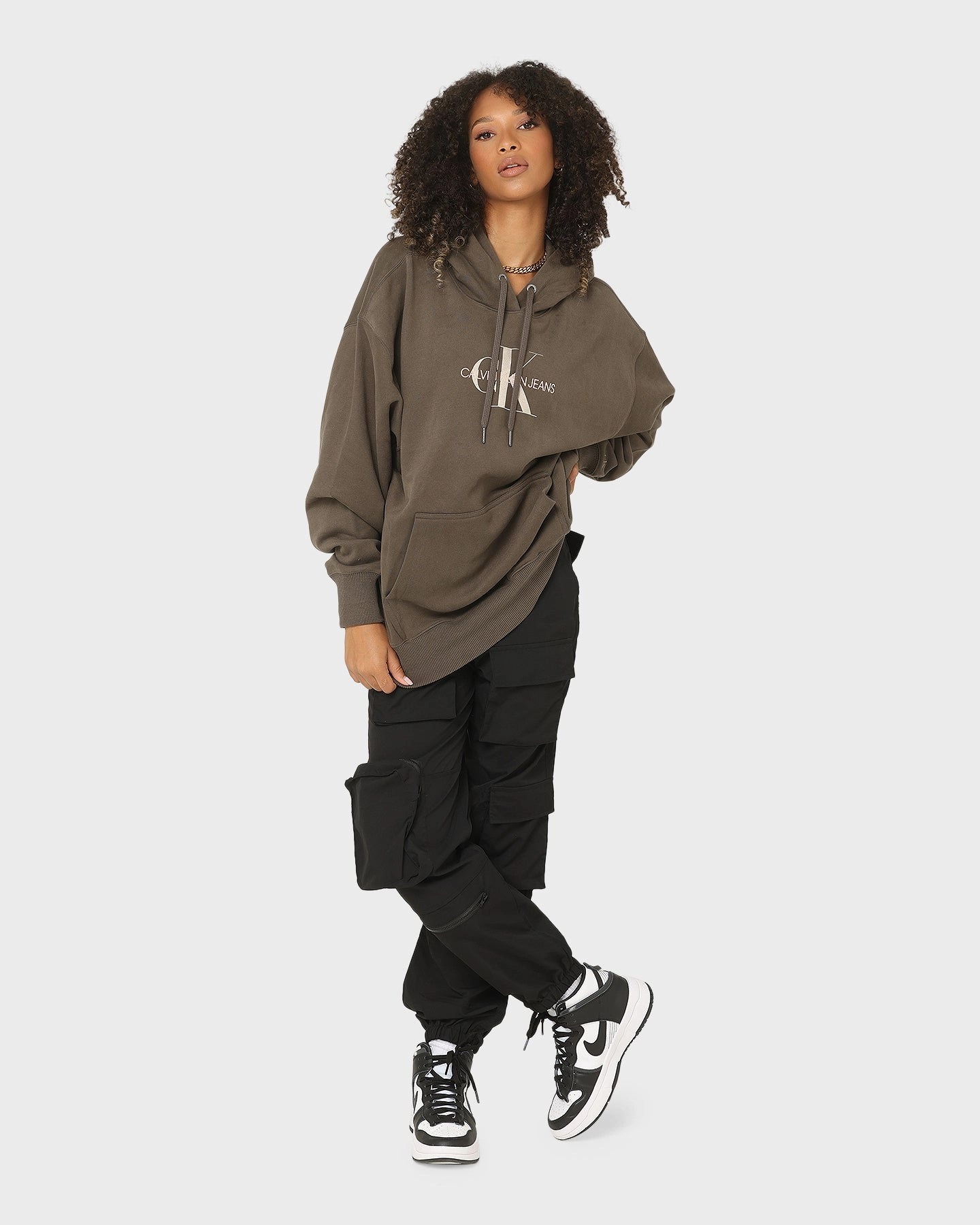 Calvin Klein Women's Mid Scale Monogram Hoodie Black/Olive Bestow