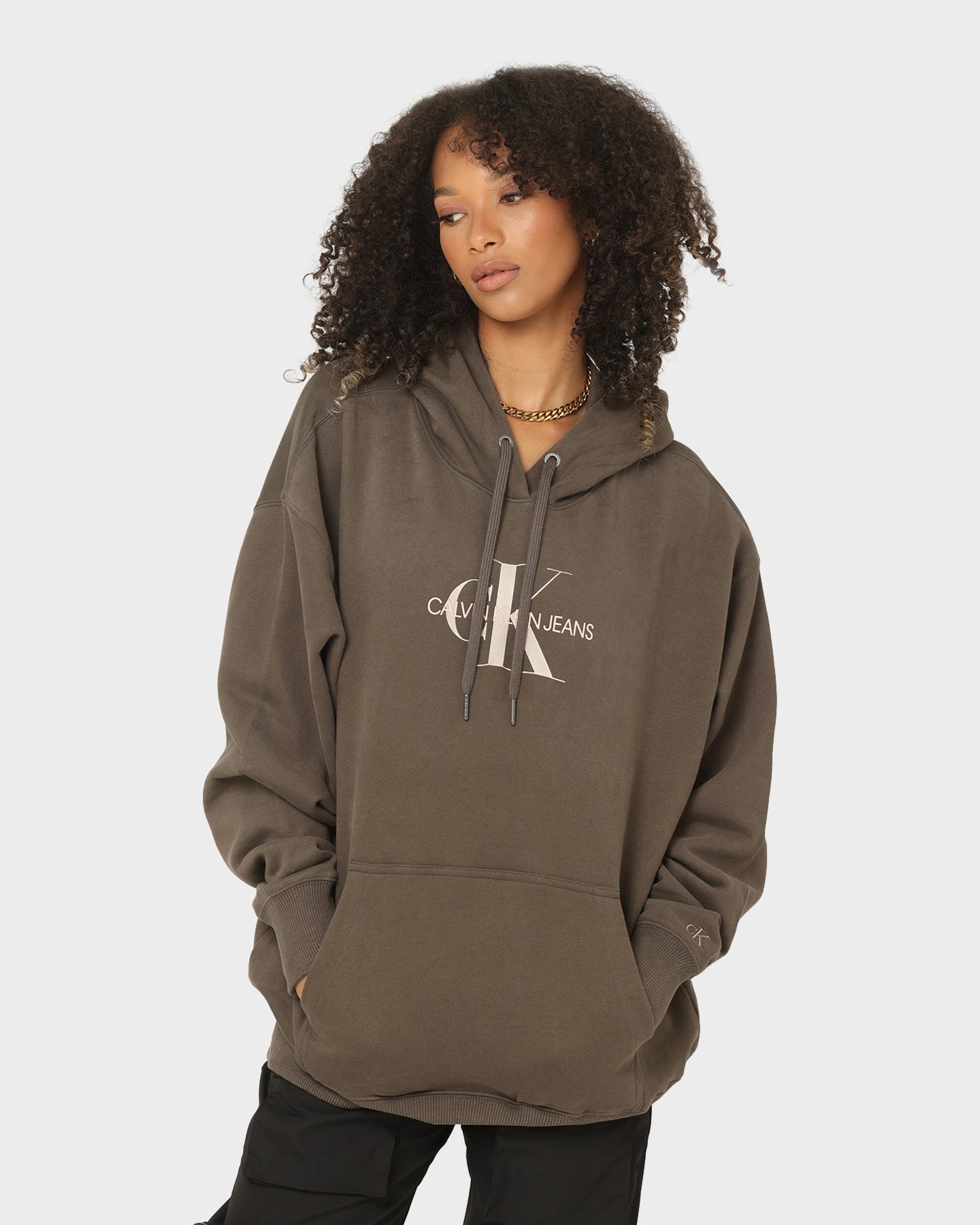 Calvin Klein Women's Mid Scale Monogram Hoodie Black/Olive Secure Storage Compartments Trust