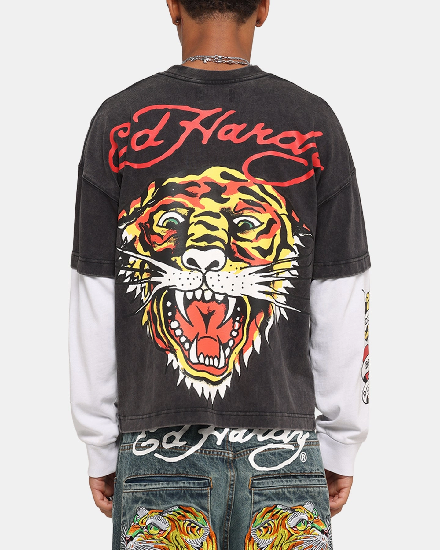 Smooth Jersey Texture Ed Hardy Tiger Layered Long Sleeve T-Shirt Black