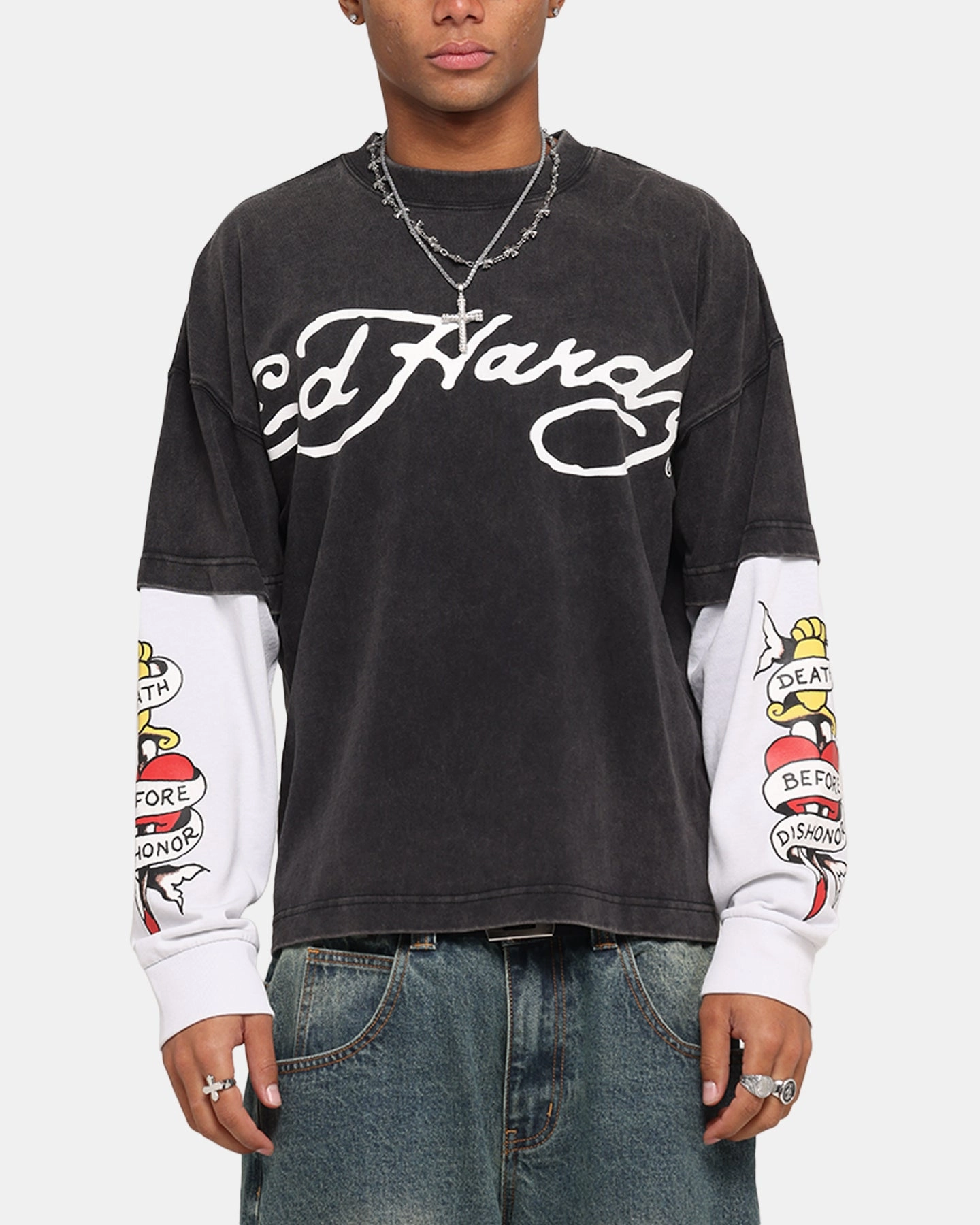 Ed Hardy Tiger Layered Long Sleeve T-Shirt Black Washable
