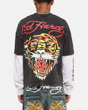 Smooth Jersey Texture Ed Hardy Tiger Layered Long Sleeve T-Shirt Black