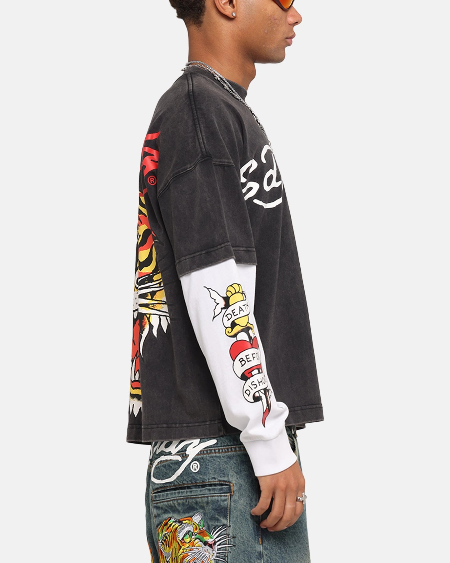 Beaded details Breathable Look Ed Hardy Tiger Layered Long Sleeve T-Shirt Black